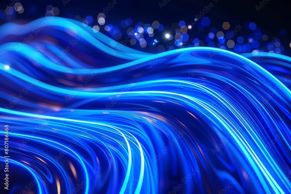Poster dynamic wallpaper featuring electric blue neon lines that flow like waves at high speed, with sparkl