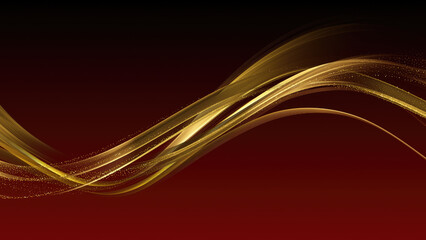 An abstract red wave flows across the background