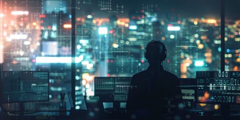 Person silhouette against glowing digital backdrop. Male standing on a flow of data showing cyber threats, vulnerabilities. VR environment screens displaying coding. AI Artificial Intelligence concept