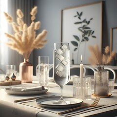 a glass of sparkling water on a table 
