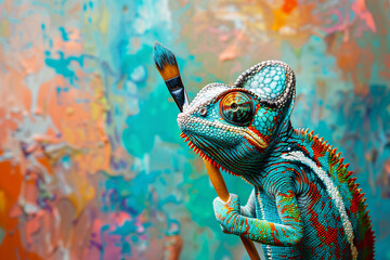 Funny chameleon holding painting brush over colorful background