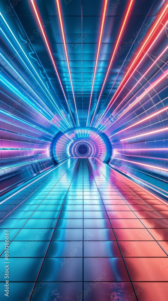 Poster empty future studio with a sleek, neonlit floor extending through a hightech tunnel, ideal for a con