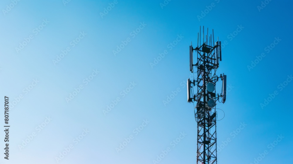 Poster close-up of a signal tower against a clear blue sky, symbolizing progress and innovation in telecomm