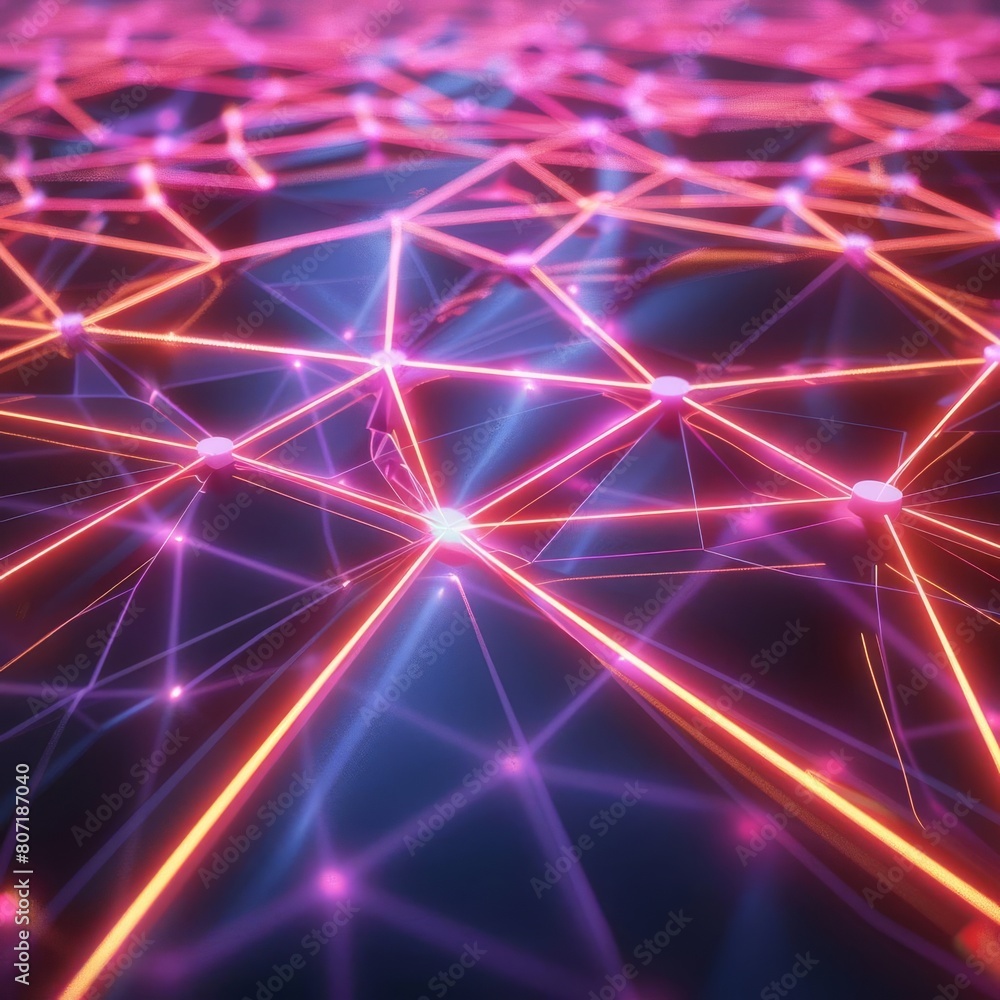 Poster futuristic background featuring a network of glowing neon lines on a geometrically structured surfac