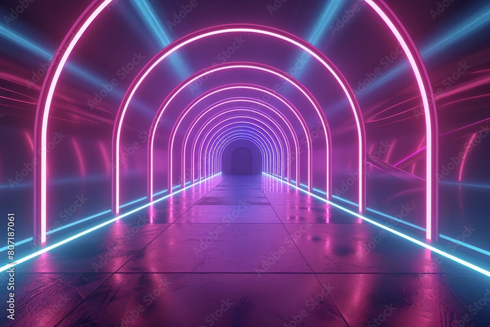 Poster futuristic corridor with glowing neon lines leading through an abstract space technology tunnel, cre