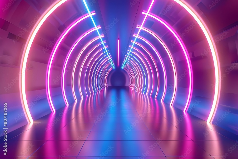 Poster futuristic corridor with glowing neon lines leading through an abstract space technology tunnel, cre