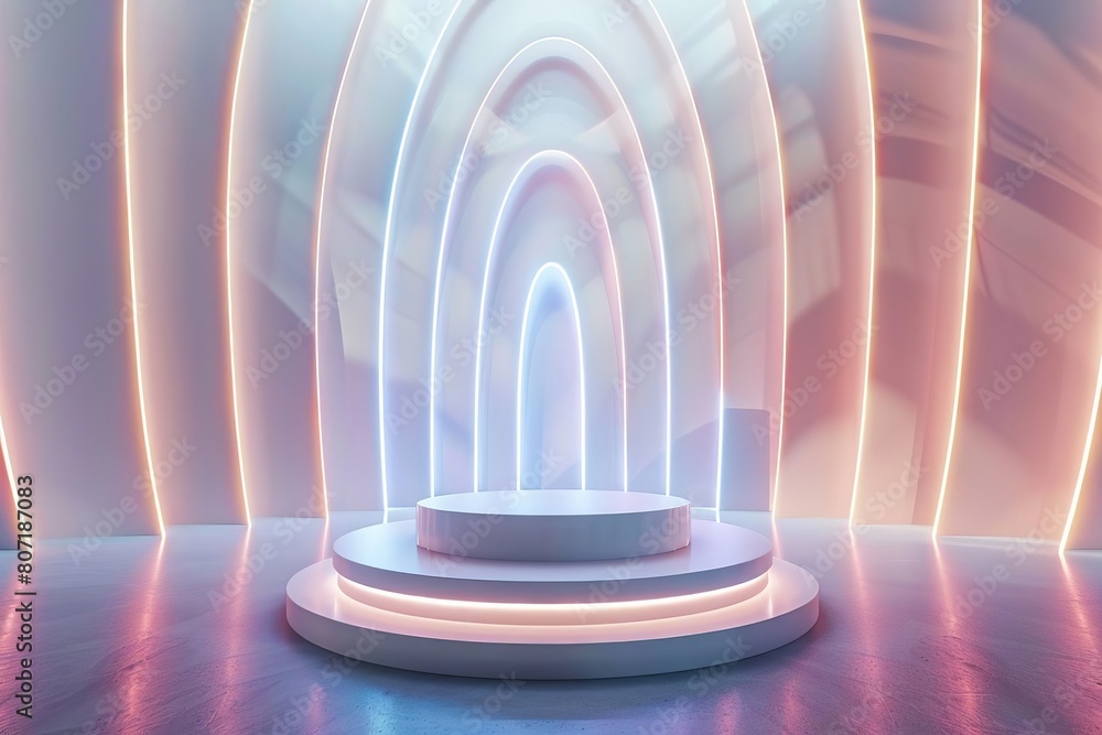 Poster futuristic digital backdrop with a sleek, illuminated podium, set against a dynamic light pattern id