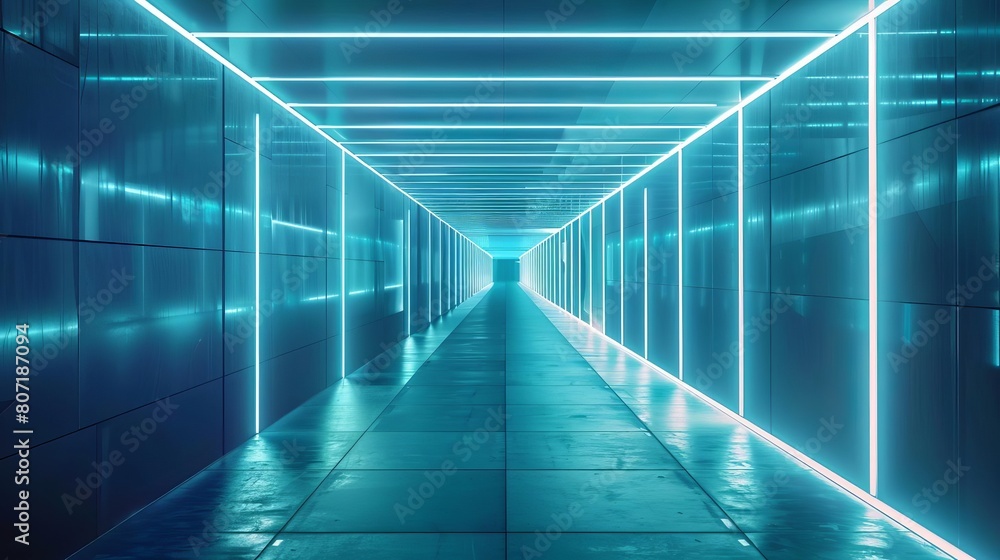 Poster futuristic empty corridor illuminated by glowing neon lines running along the walls, creating a high