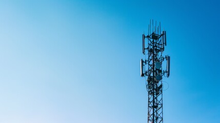 Close-up of a signal tower against a clear blue sky, symbolizing progress and innovation in telecommunications infrastructure worldwide.