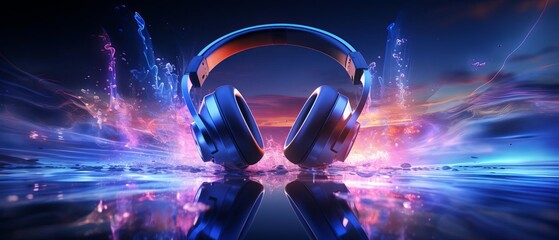 headphones in ultra-wide view with glowing sound wave effect