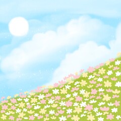 spring background with flowers and sky