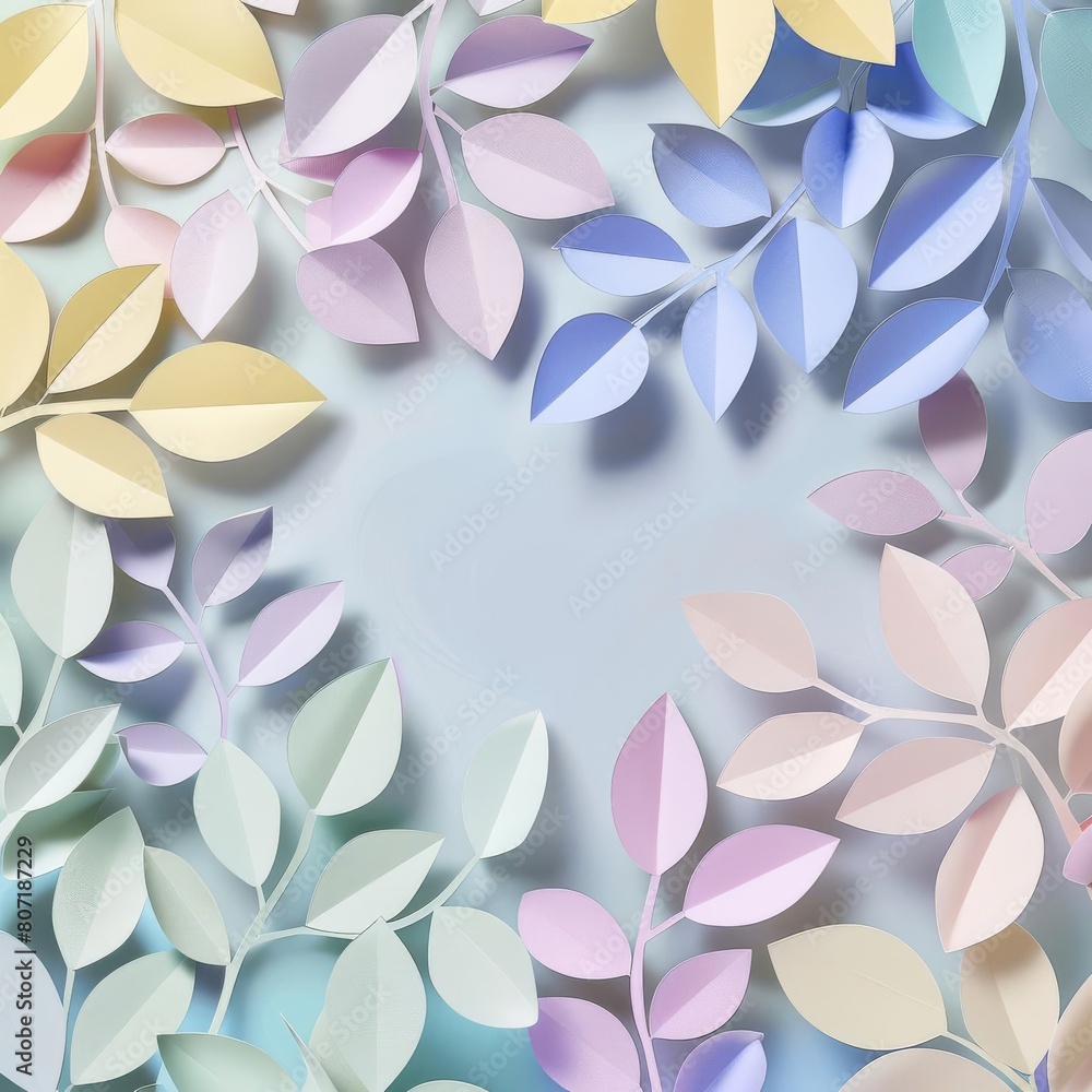 Poster Intricate paper craft design featuring layered cutouts in pastel shades, creating a soft and textured background with ample copy space