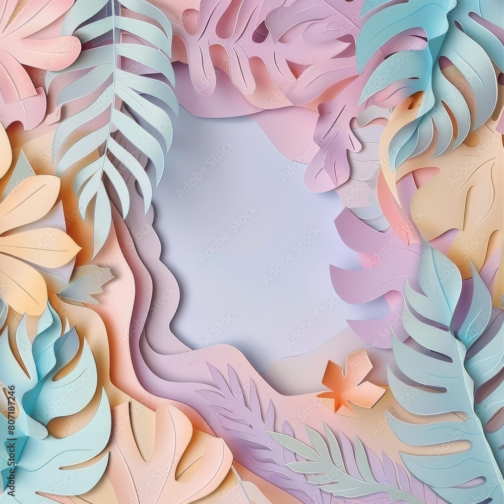 Poster Intricate paper craft design featuring layered cutouts in pastel shades, creating a soft and textured background with ample copy space