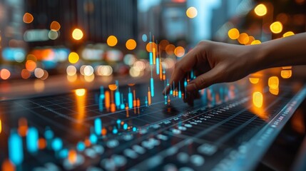 Business man touching infographics in hologram