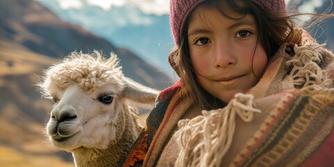 Little girl in traditional attire resting with a llama against an Andean backdrop