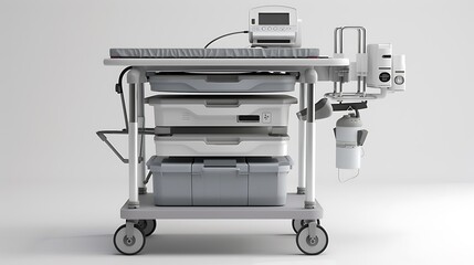 A hospital defibrillator cart isolated on a white background.