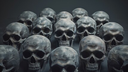 3D visualization of a chilling collection of human skulls, set against a backdrop of somber, moody lighting