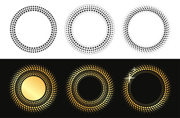 Dotted halftone golden circle and black white round modern dots design frame graphic illustration set, abstract decoration pattern element half tone background image clip art cut out