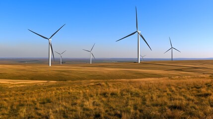 Wind Turbines in Grassy Fields, To convey a modern and sustainable approach to energy production, set against the beauty of a sunny, grassy hillside