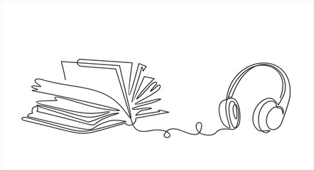 Book with headphones continuous line drawing. Audio reading linear concept. Audiobook symbol. Vector illustration isolated on white.