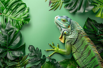 Obraz premium Green iguana and green leaves over green background