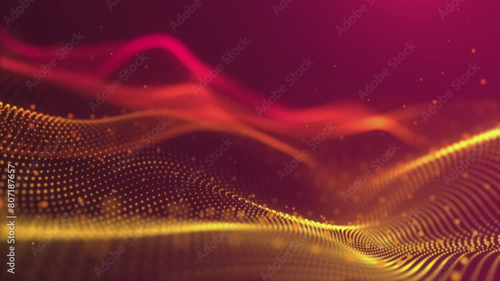 Wall mural abstract animation of a golden wave of glowing particles on a red background. organized particles mo