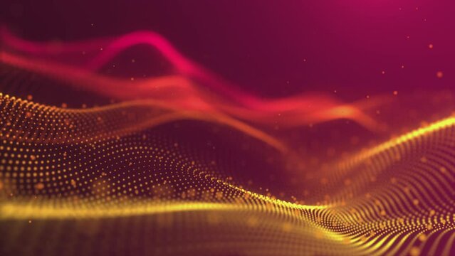 Abstract animation of a golden wave of glowing particles on a red background. Organized particles moving smoothly. Minimalistic technological background. Looped animation 4k 60 fps