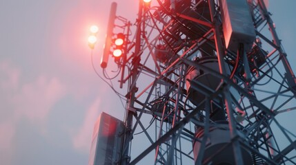 Close-up of a signal tower with 4G and 5G antennas, powering high-speed internet and mobile communication for urban cityscapes.