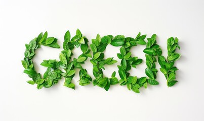 A word GREEN made of green leaves on a white background
