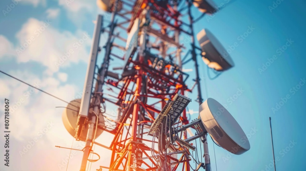 Aufkleber close-up of a signal tower with antennas and satellite dishes, enabling wireless communication and d