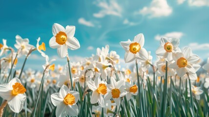 Field of blooming narcissus under a blue sky.