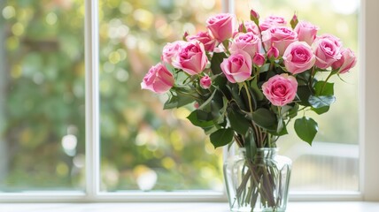 Bouquet of fresh pink roses in a glass vase by a sunny window.
