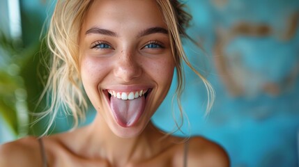 Woman Making Funny Face With Tongue Out - obrazy, fototapety, plakaty