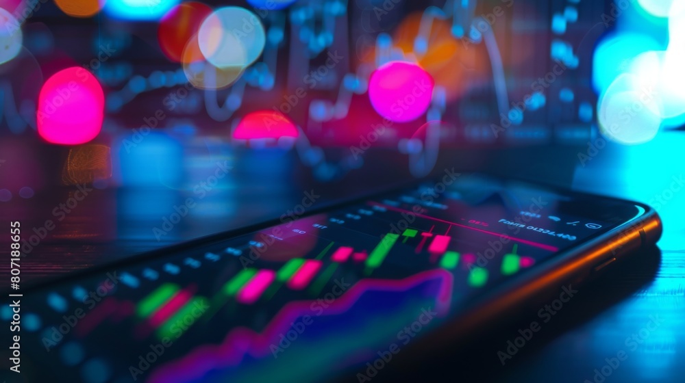 Poster close-up of a stock market trading app on a mobile device, with colorful graphs and charts depicting
