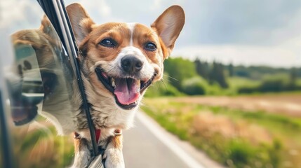cute dog with head out of the car window feeling the wind