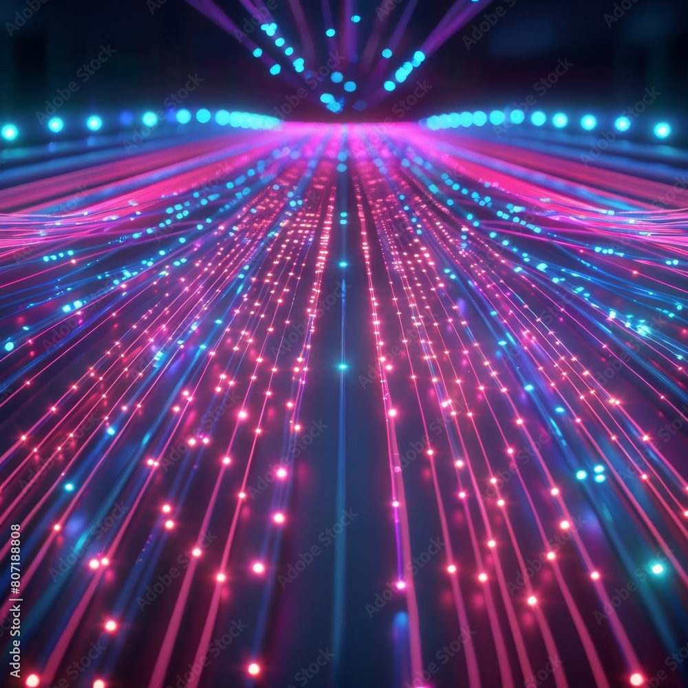 Poster pattern of glowing neon fiber optic threads laid out against a dark space, creating a mesmerizing ba