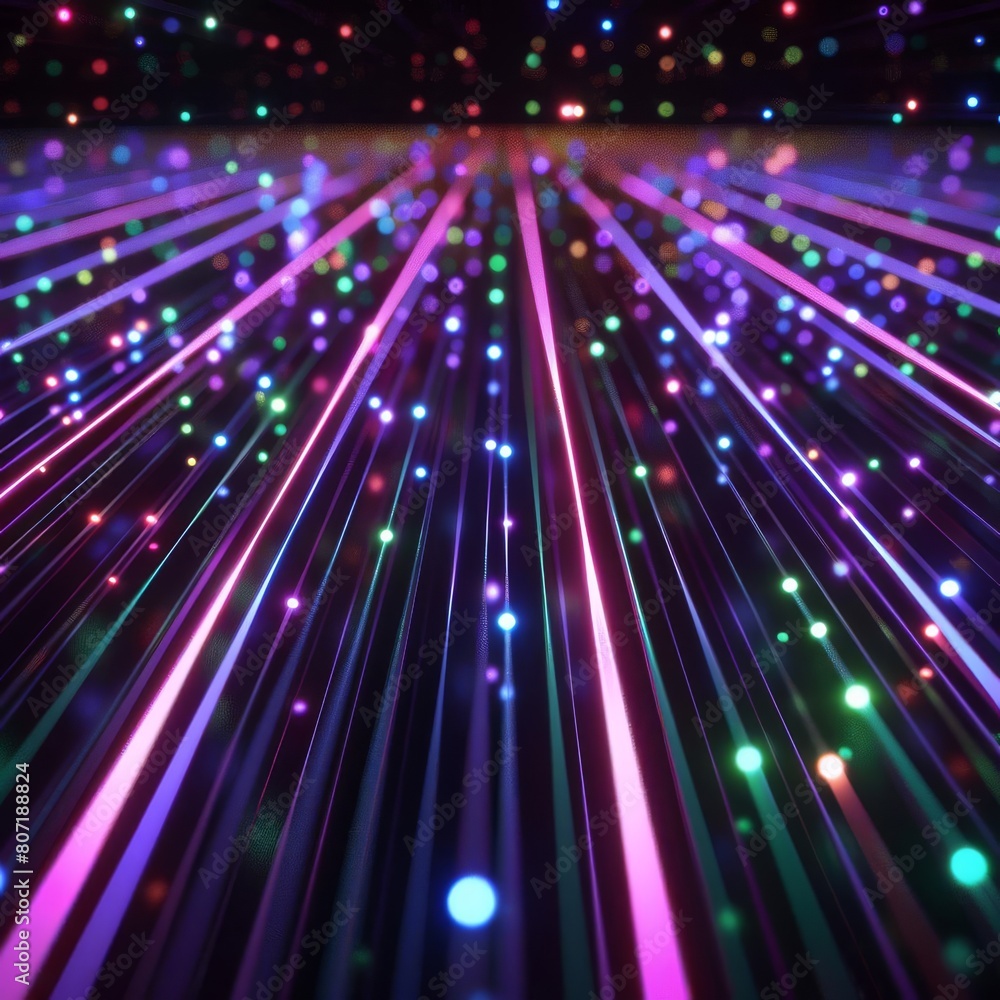 Poster pattern of glowing neon fiber optic threads laid out against a dark space, creating a mesmerizing ba