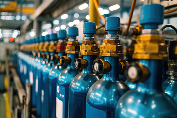 Blue oxygen tanks. Bundle of gas cylinder and high pressure gauges, meter, valve. Many argon cylinders with compressed gas for industry, welding. Fuel manufacturing. Liquefied gas production, factory