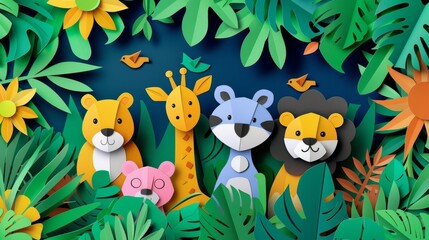 Playful paper craft pattern of animals in a jungle setting, crafted with vibrant colors and a flat design, great for childrens themes with copy space