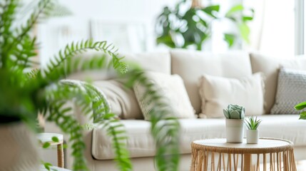 Close-up of a stylish minimalist living room with neutral tones, sleek furniture, and a touch of greenery, exuding tranquility and elegance.