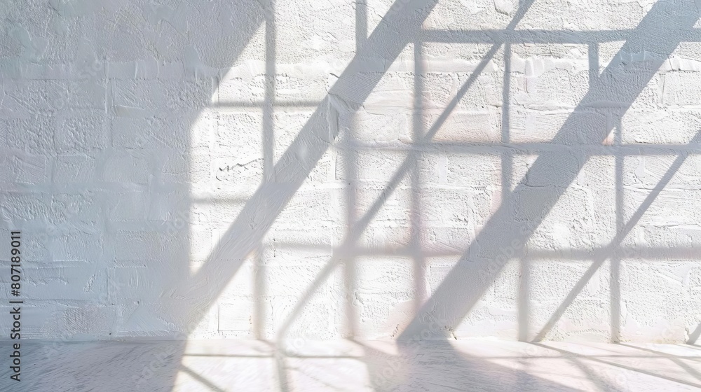 Poster minimalist abstract background featuring soft shadows cast by window panes on a white textured wall,