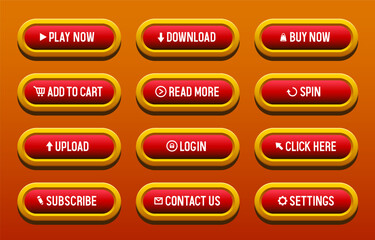 Buttons for websites. Red buttons in a yellow frame. Big set of vector buttons for web design.