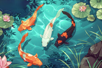 Koi fishes in water of pond in Japanese garden. Summer background, realistic illustration with colorful carp koi fishes