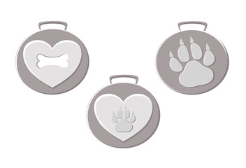 Set of medals for dogs in gray silver color with paw, heart and bone