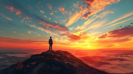 Man meditating on the top of a mountain at sunset
