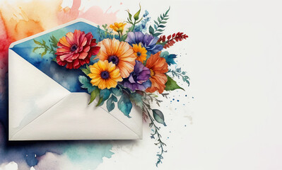 Paper envelope with flowers, watercolor illustration on a white background. Empty space for text, template for banner.