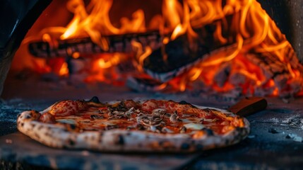 Close-up of a wood-fired oven with flames roaring, baking a crispy crust pizza to perfection, infusing it with smoky flavor.