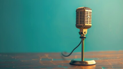 close up retro golden microphone, copy space