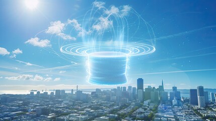 a graduation hat and interconnected lines mapping over a bustling cityscape, all viewed from above, merging the concepts of innovation and urbanization.