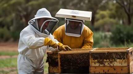 Beekeeping or apiculture care of the bees working hand.generative.ai